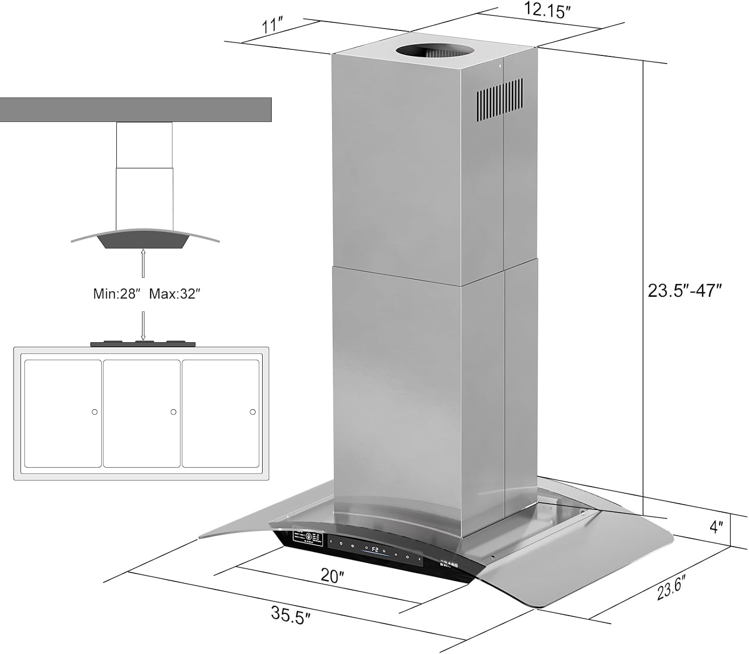 BRANO Island Range Hood 36 Inch 900 CFM, Voice & Gesture & Touch Control
