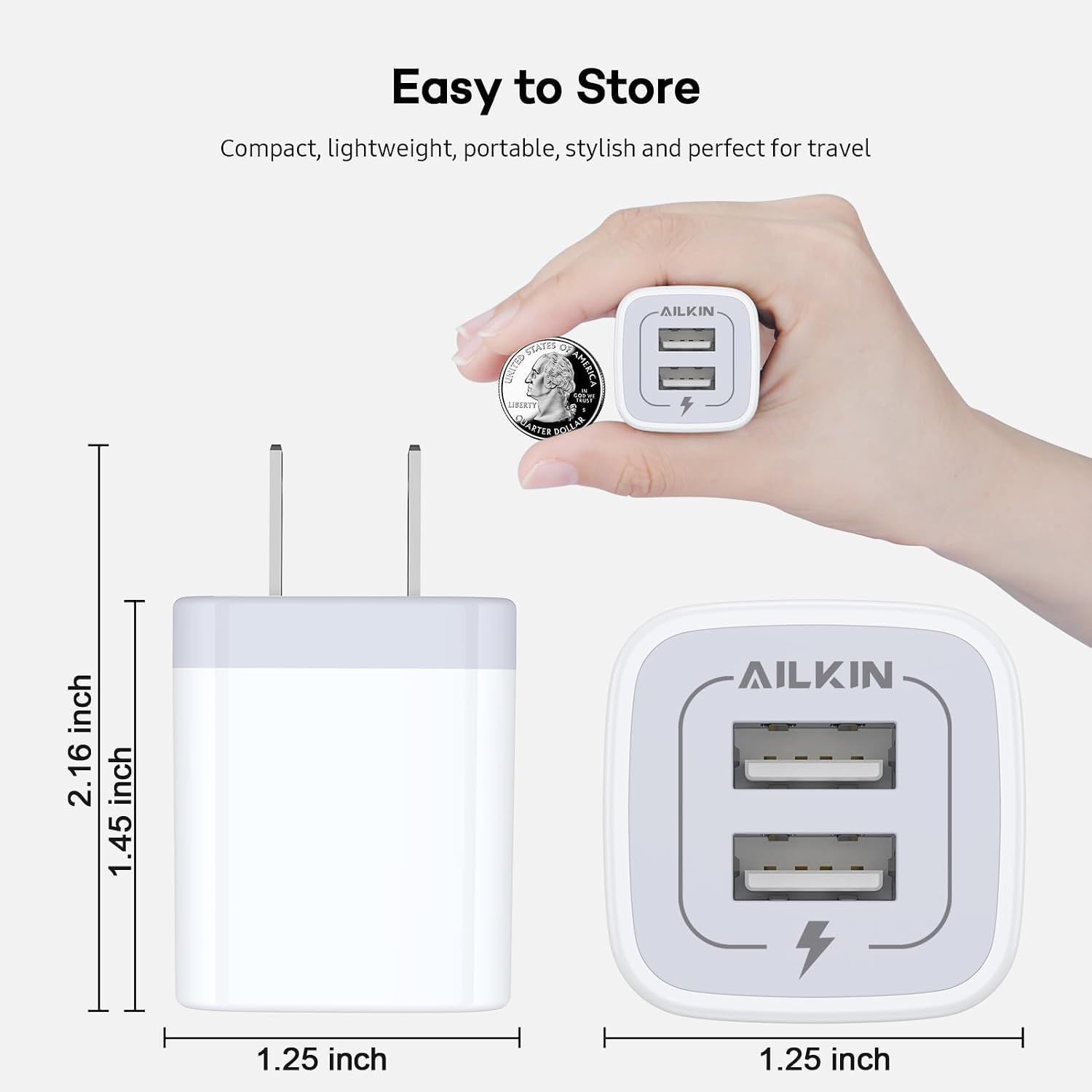 USB Wall Charger, Charger Adapter AILKIN 2Pack 2.1A Dual Port Quick Plug