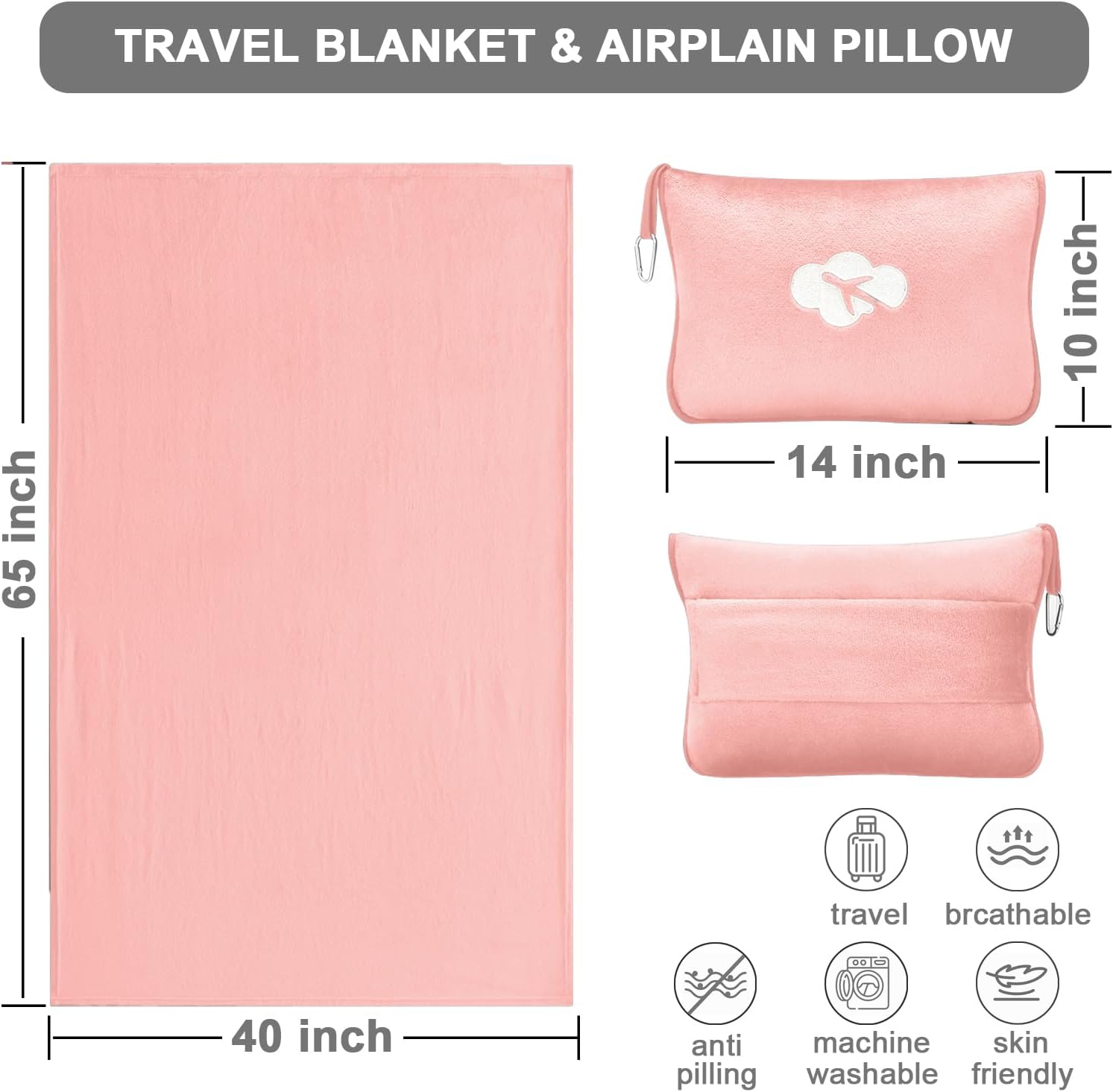 Travel Blanket and Pillow Compact, Premium Soft 2 in 1 Airplane Blanket with Soft Bag Pillowcase，Hand Luggage Sleeve and Backpack Clip (Solid Pink)