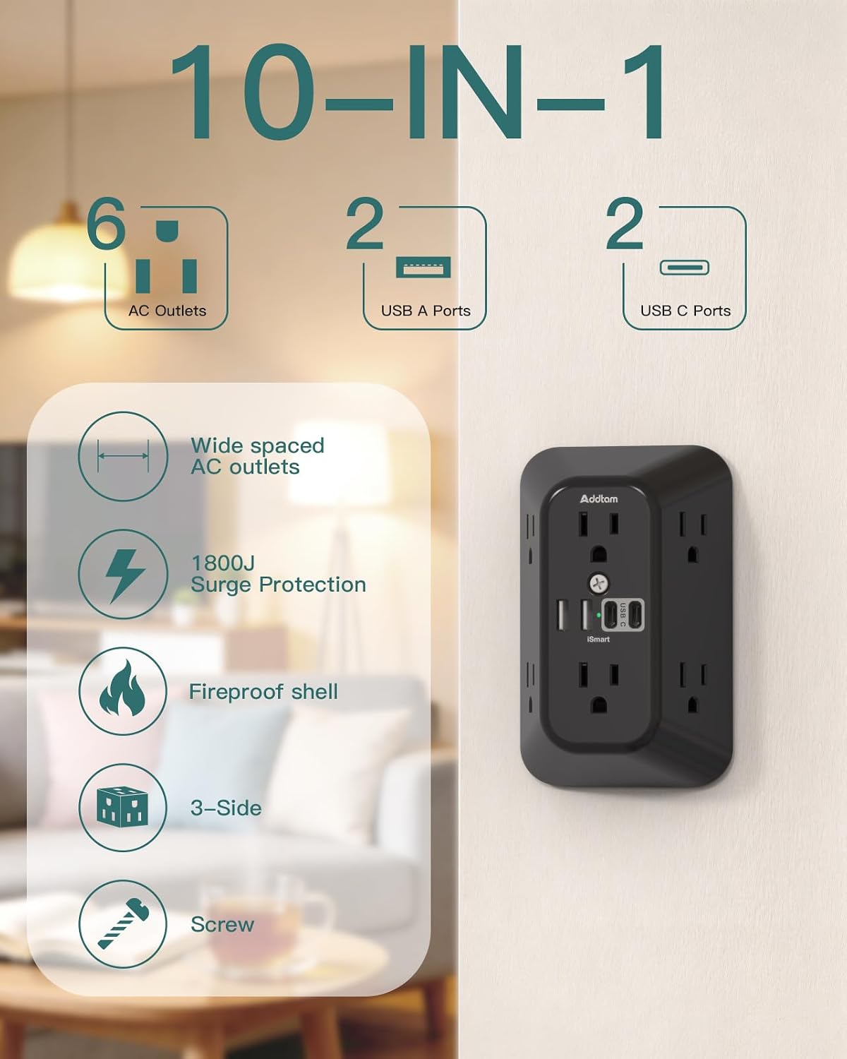 Addtam 6-Outlet Extender Surge Protector, Multi Plug Wall Outlet with 4 USB Wall Charger(2 USB C Ports), Plug Extension Outlet with 1800J, Outlet Splitter Power Strip for Home Office, Black