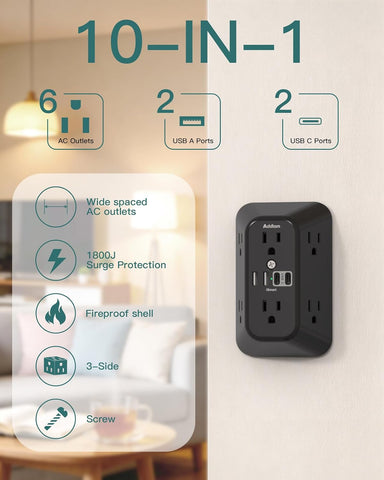 Addtam 6-Outlet Extender Surge Protector, Multi Plug Wall Outlet with 4 USB Wall Charger(2 USB C Ports), Plug Extension Outlet with 1800J, Outlet Splitter Power Strip for Home Office, Black