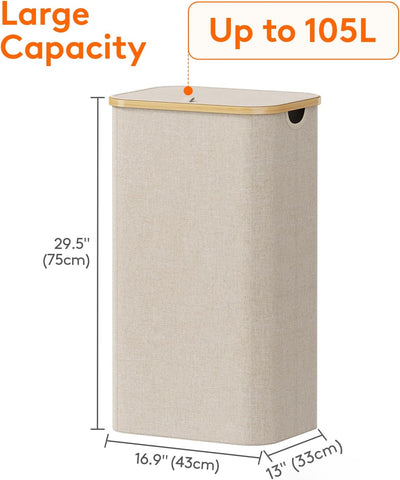Lifewit 105L Large Laundry Basket with Lid, Removable Bags, Beige