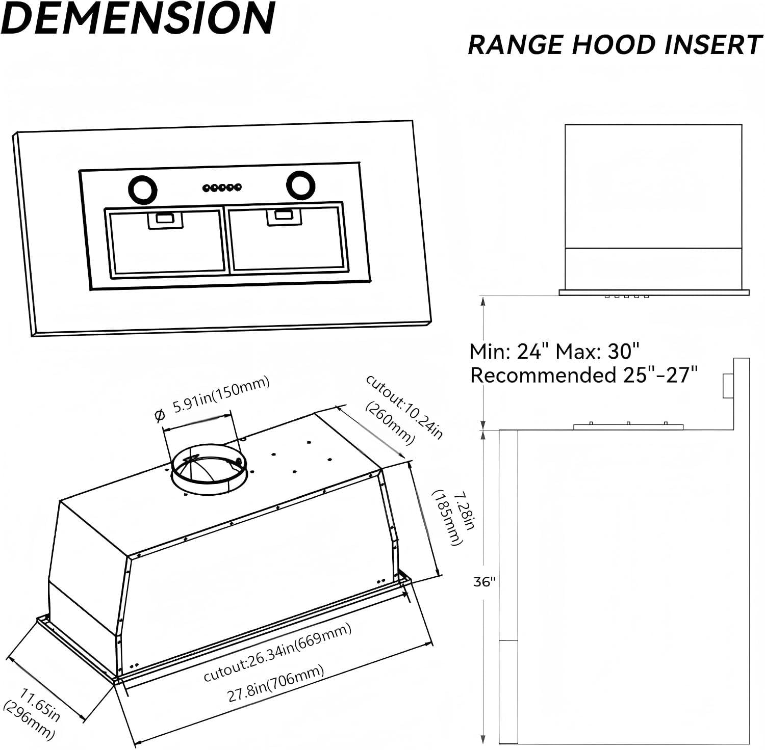 27.8 Inch Range Hood Insert 400CFM Build-In/Insert Stainless Steel Kitchen Vent Hood |3-Speed Controls |LED Lights| 2 Grease Filters|Ducted/ductless Convertible,QUIET