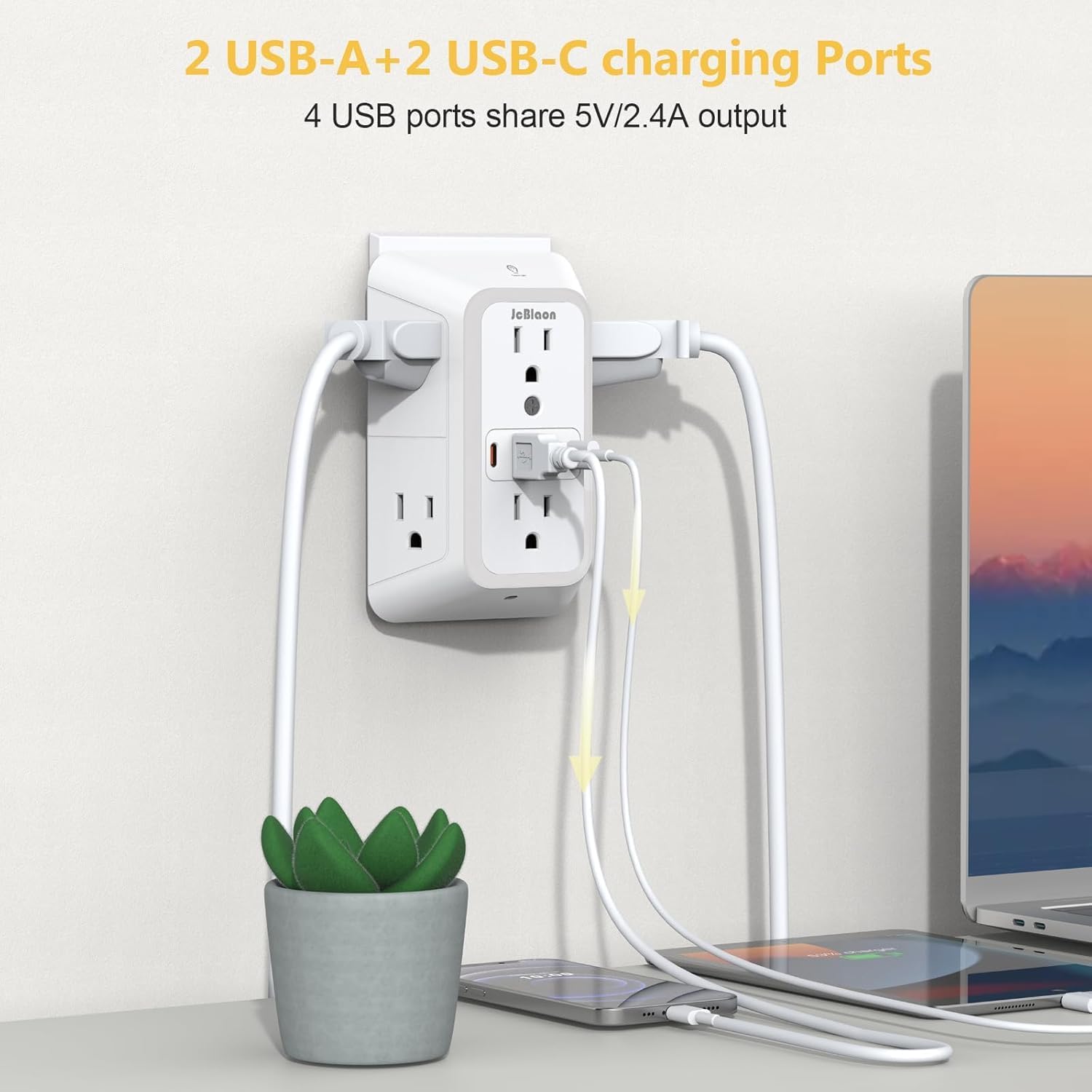 Outlet Extender with Night Light, Multi Plug Outlet Surge Protector,6 Outlet Splitter with 4 USB Outlet (2 USB A,2 USB C) 3 Sided Multi Plug Wall Adapter Power Strip for Home Travel Office 2 Pack