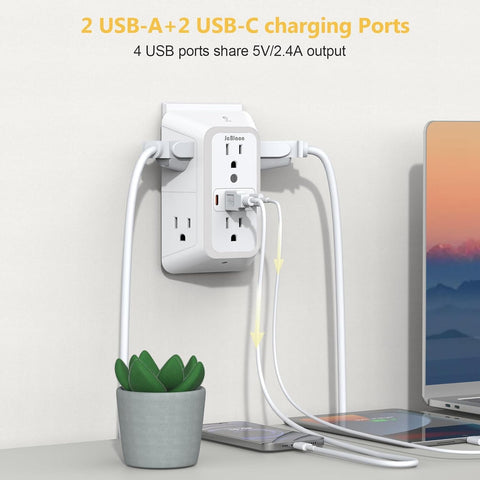 Outlet Extender with Night Light, Multi Plug Outlet Surge Protector,6 Outlet Splitter with 4 USB Outlet (2 USB A,2 USB C) 3 Sided Multi Plug Wall Adapter Power Strip for Home Travel Office 2 Pack