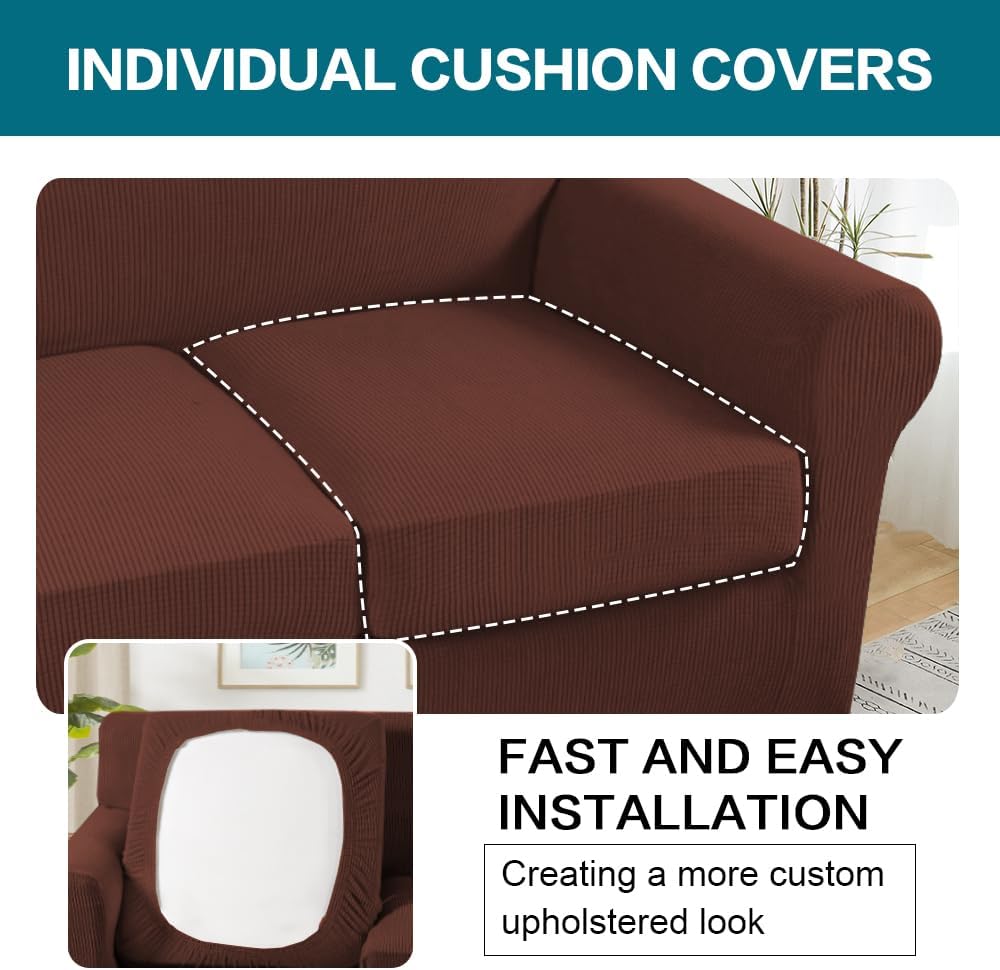 Turquoize 3 Piece Sofa Covers For 2 Cushion Couch Sofa Slipcover Soft Couch Cover For Dogs-Washable Sofa Furniture Cover With 2 Individual Cushion Covers, Thick Jacquard Fabric (Loveseat, Burnt Brick)