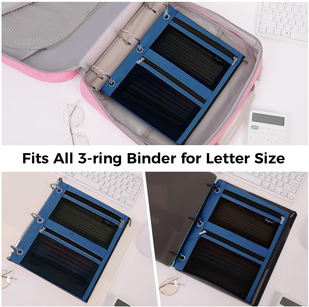 SKYDUE Pencil Pouch for 3 Ring Binder, 3 Pockets and Mesh Window