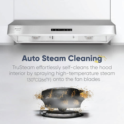 Pacific Trusteam 30" Under Cabinet Hood, Auto Steam Cleaning, 900+ CFM Powerful Vent, Ultra Quiet Performance Hood, Stainless Steel Color, 2 Dual-Level LED Light Strips, High-Tech Touch Control (30'')