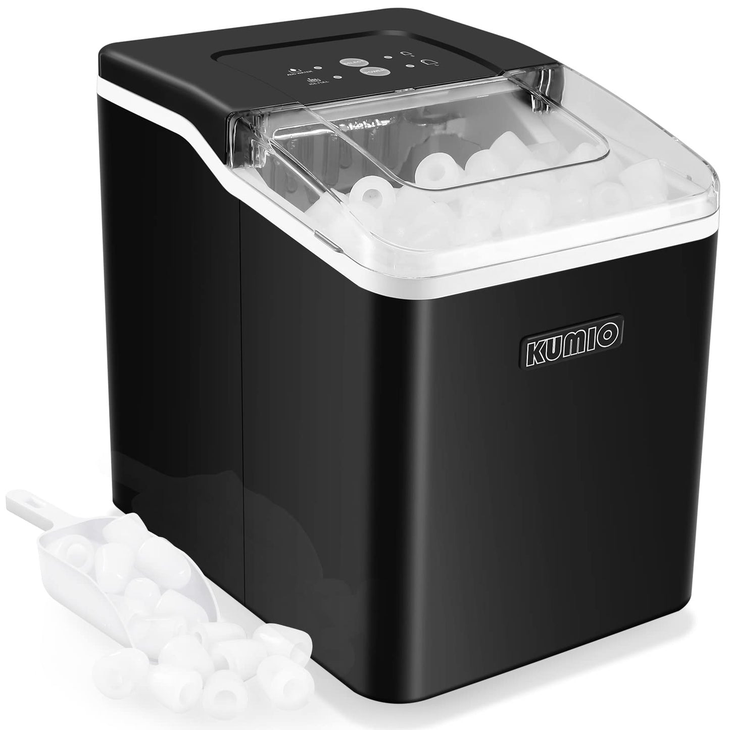 KUMIO Ice Makers Countertop, 9 Bullets Ready in 9 Mins, 26.5 Lbs/24 Hrs, Ice Machine with Self-Cleaning, Removable Ice Basket & Scoop, 2 Sizes of Bullet Ice for Kitchen Office Bar Party, Black