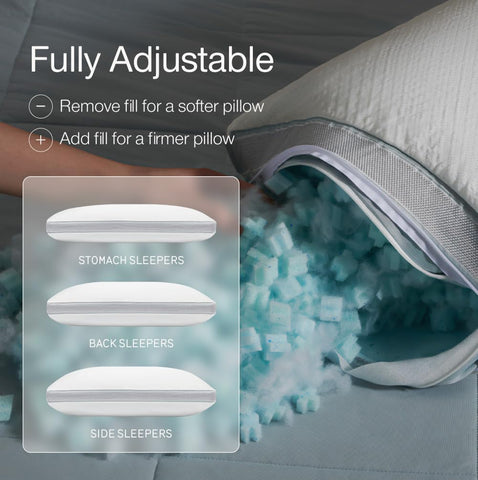 Coop Home Goods Cool+ Adjustable Pillow, Queen Size Plus Shaped Memory Foam Pillows with Cooling Gel, Back, Stomach or Side Sleeper, Neck Support for Sleeping, CertiPUR-US/GREENGUARD Gold