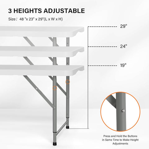 VINGLI 4 FT Plastic Folding Camping Table,3-Level Adjustable Height, Portable in/Outdoor Party Picnic Dining Desk, Garden Soccer Multipurpose Entertaining Activities，White