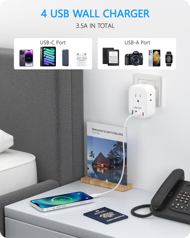 LENCENT Switzerland Travel Plug Adapter, Swiss Power Adaptor with 4 Outlets