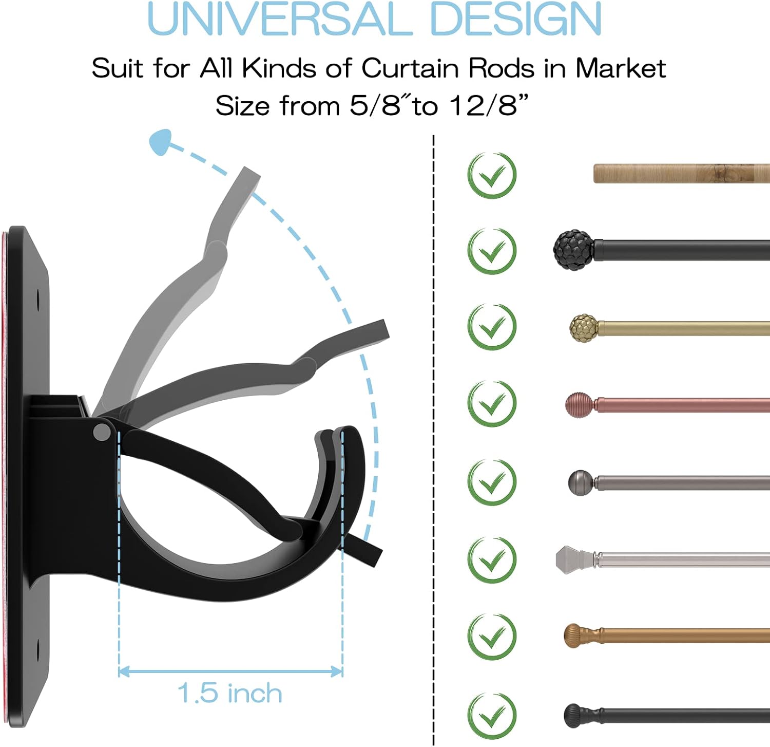 2 Pieces Self Adhesive Curtain Rod Bracket, Universal Plastic Curtain Rod Holders, No Drill Curtain Rod Brackets Curtain Rod Hooks for Bathroom, Bedroom, Livingroom, Kitchen (Black)