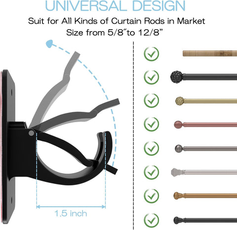 2 Pieces Self Adhesive Curtain Rod Bracket, Universal Plastic Curtain Rod Holders, No Drill Curtain Rod Brackets Curtain Rod Hooks for Bathroom, Bedroom, Livingroom, Kitchen (Black)