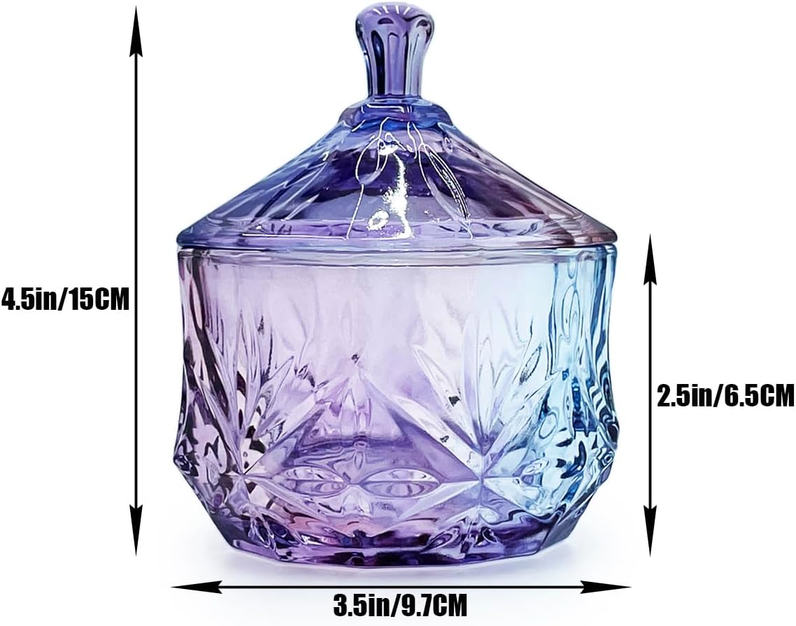 8oz Glass Candy Dish with Non-Airtight Lid,Small Crystal Chrismas Candy Jar,Cotton Round Holder,Office,Bathroom,Dining Room Organizer(Colorful Purple)