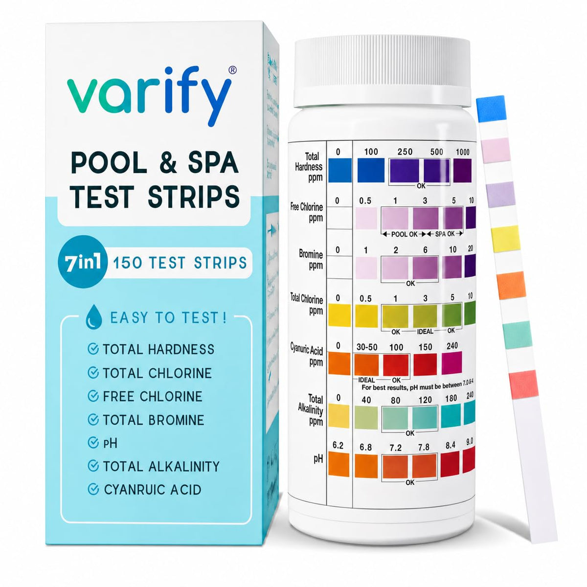 Varify 7in1 Pool Test Strips 150 Hot Tub Test Strips and Spa Test Strips