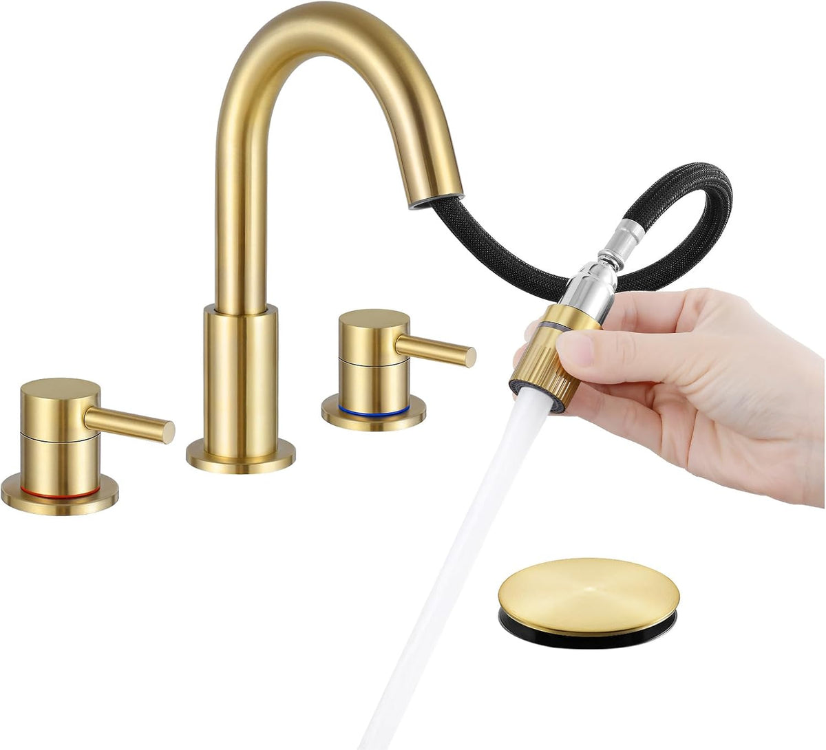 Brushed Gold Bathroom Sink Faucet 3 Hole with Pull Down Sprayer