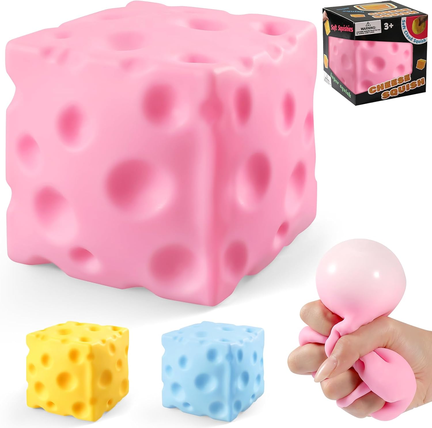 Cheese Squishy Cube, Cheese Block Squeeze Toy, Stress Ball Fidget Sensory Squeezy Toys, Novelty Stress Relief Gifts for Adults (Pink, 2.4 in)