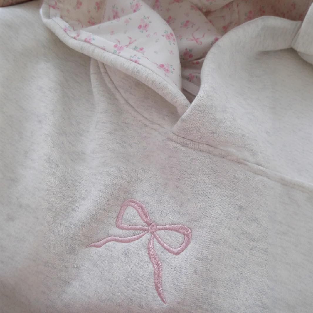 Pinclodly Hoodies for Teen Girls Long Sleeve Cute Sweatshirts Hooded Embroideried Bow Sweatshirt Preppy Clothes Fall Winter
