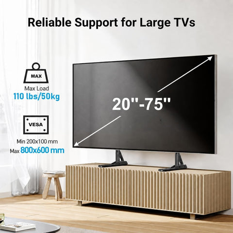 PERLESMITH Universal TV Stand Mount for 20-75 Inch TVs, Height Adjustable Table Top TV Stand, Great Load-Bearing Replacement TV Legs with Steel Holds up to 110lbs, Max VESA 800 x 600mm PSTVS01