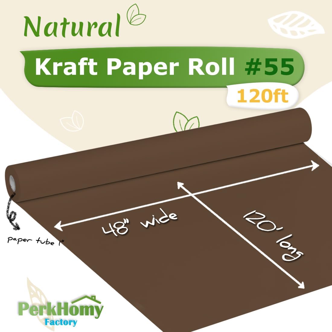PerkHomy 48" x 1,440" (120') Coffee Kraft Paper Roll for Craft Bulletin Board Paper Art Table Covering Crafting Gift Wrapping Bouquet Packing Parcel 80GSM 55LB (Coffee, 48" x 120')