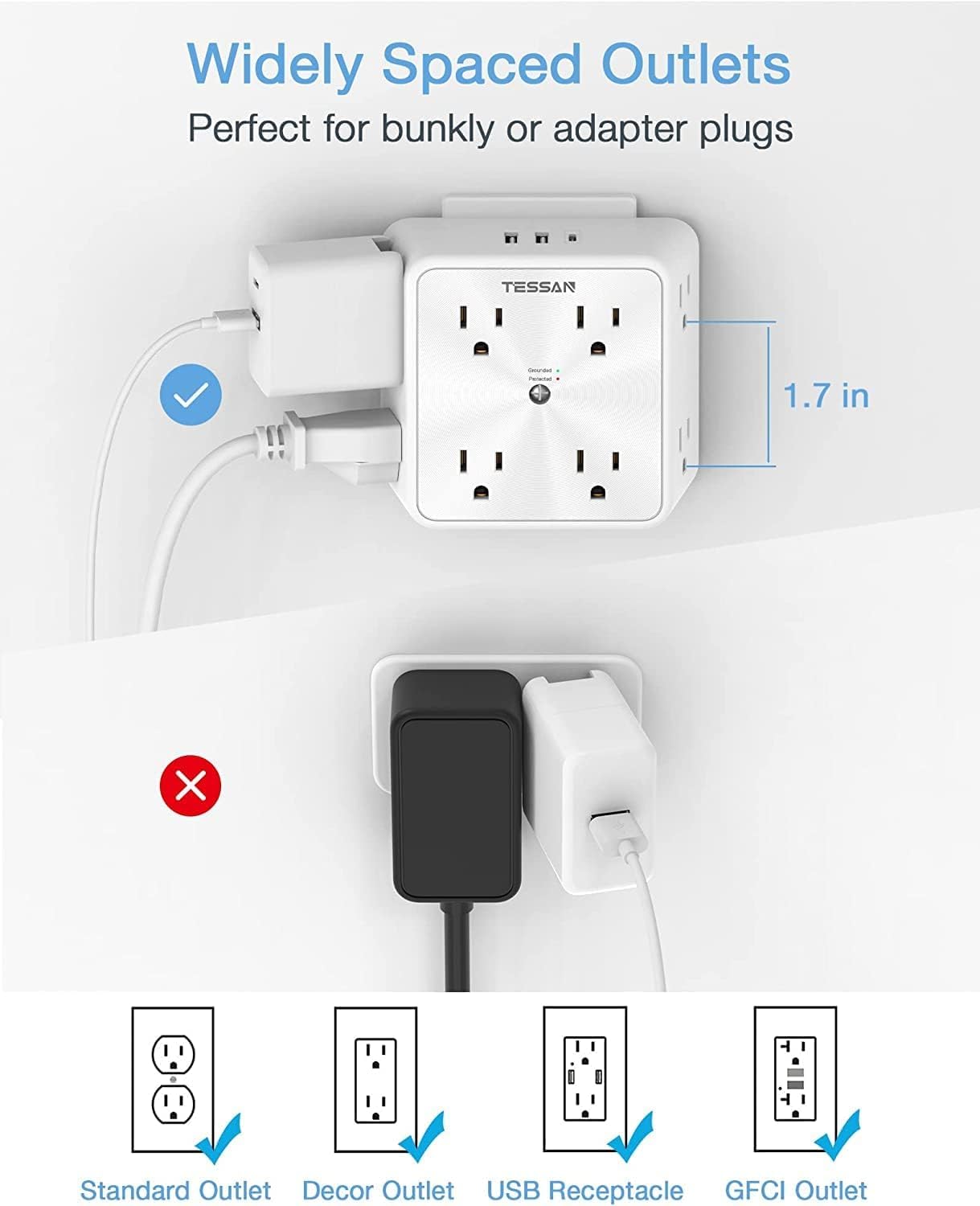 TESSAN 8 Outlet Surge Protector with 3 USB Wall Charger (1 USB C)