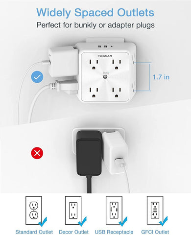 TESSAN 8 Outlet Surge Protector with 3 USB Wall Charger (1 USB C)