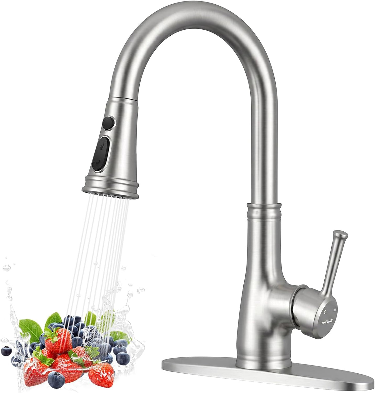 WEWE Vintage Kitchen Faucet, Pull-Down Sprayer, Brushed Nickel, High Arc