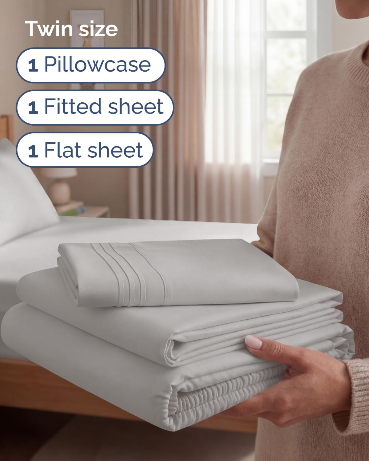 Twin Size 3 Piece Sheet Set - Breathable & Cooling Sheets - Light Grey