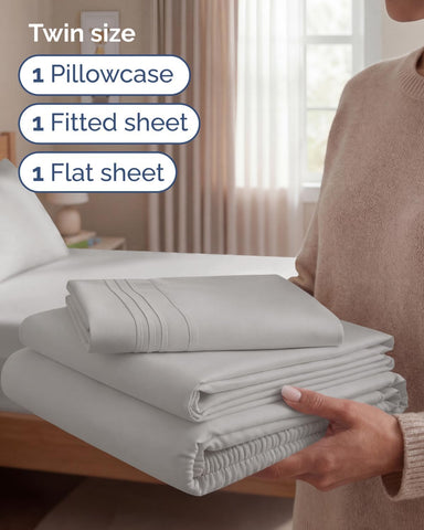 Twin Size 3 Piece Sheet Set - Breathable & Cooling Sheets - Light Grey