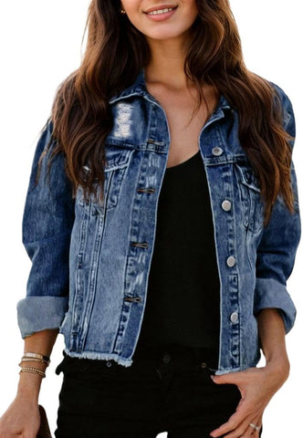 Kedera Womens Denim Jacket Distressed Frayed Ripped Jean Jacket Casual Button Down Light Jackets with Pockets
