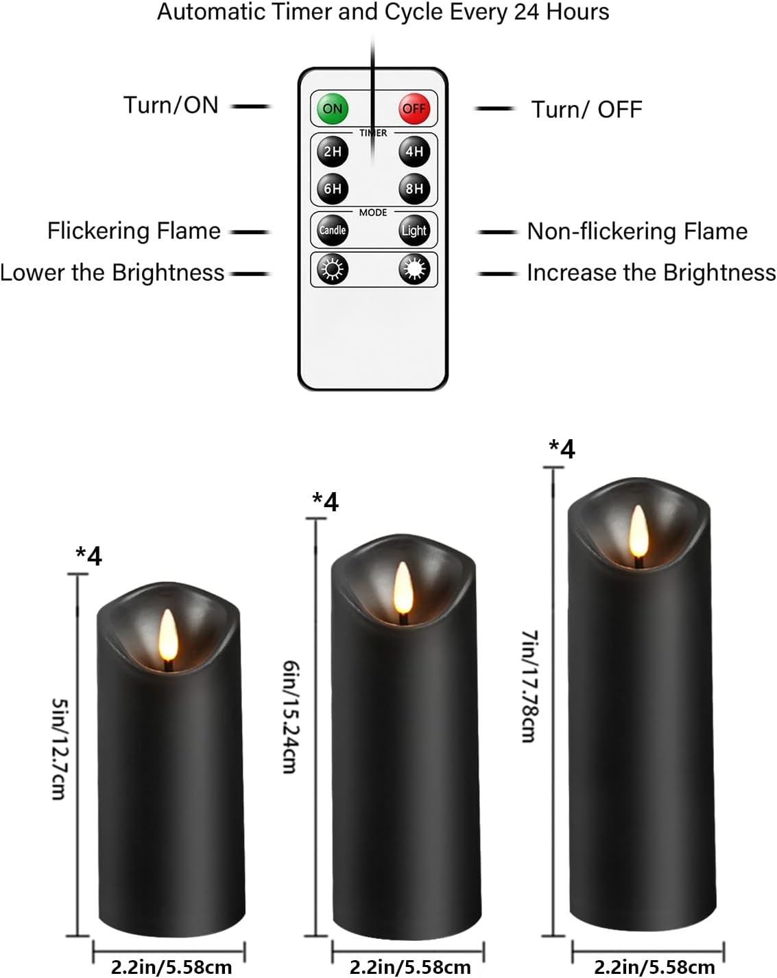Nimiko Flameless Candles with Remote, Battery Operated Flickering Flameless Candles, LED Candles with Timer 2/4/6/8H, with Realistic LED Candles Set of 12 (D2.2 x H 5" 6" 7") (Black)