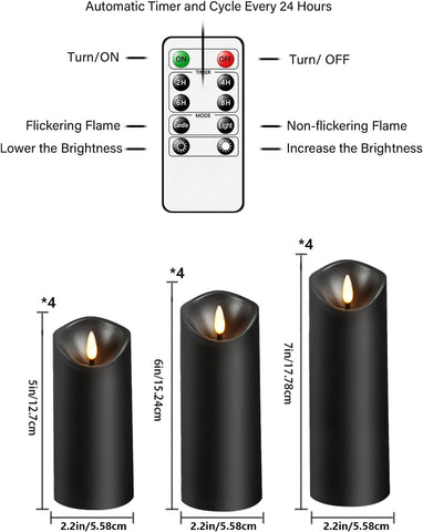 Nimiko Flameless Candles with Remote, Battery Operated Flickering Flameless Candles, LED Candles with Timer 2/4/6/8H, with Realistic LED Candles Set of 12 (D2.2 x H 5" 6" 7") (Black)