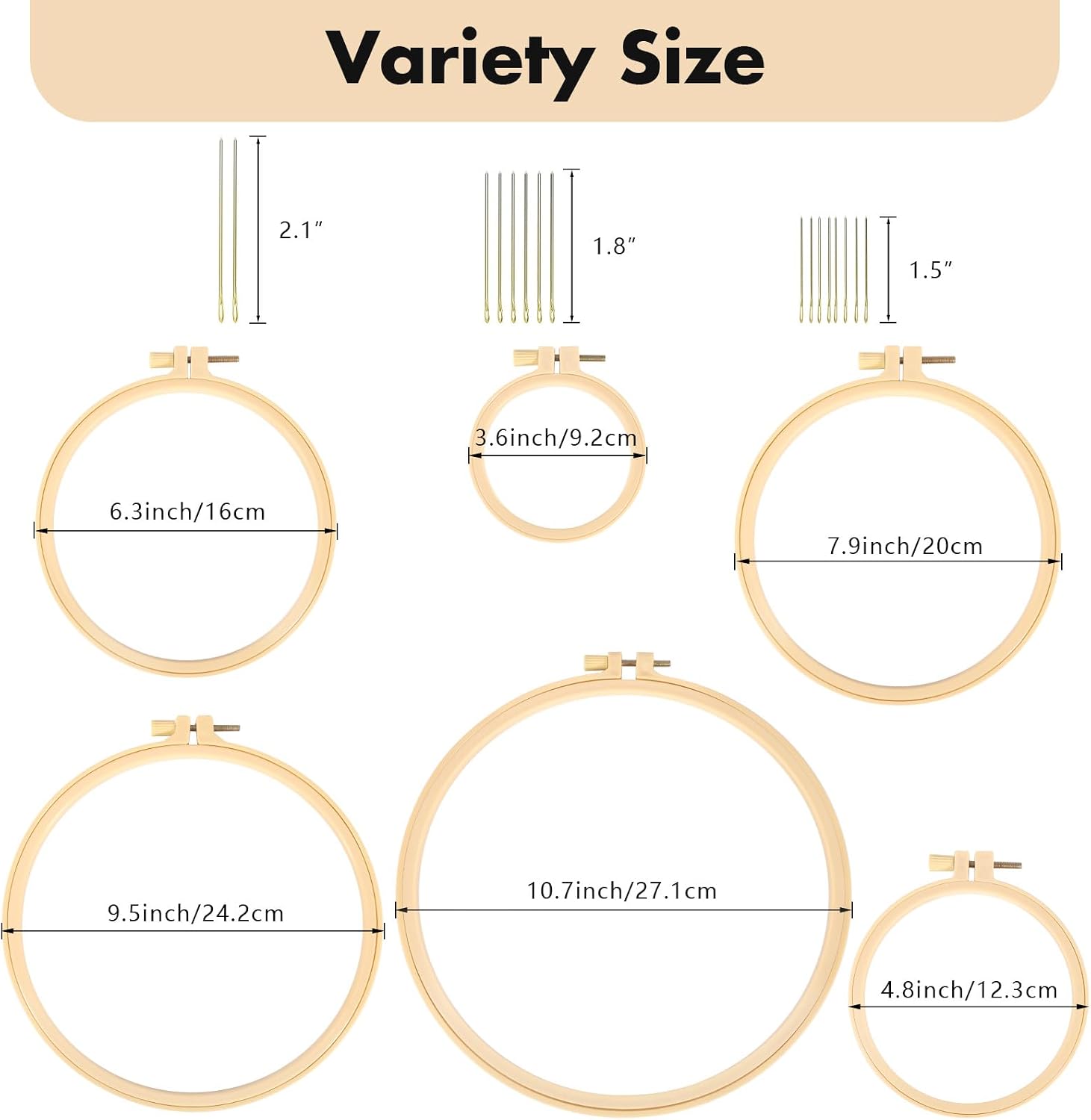 Caydo 6 Pieces Embroidery Hoops with 16 Pieces Needles, 3 Inch to 10 Inch