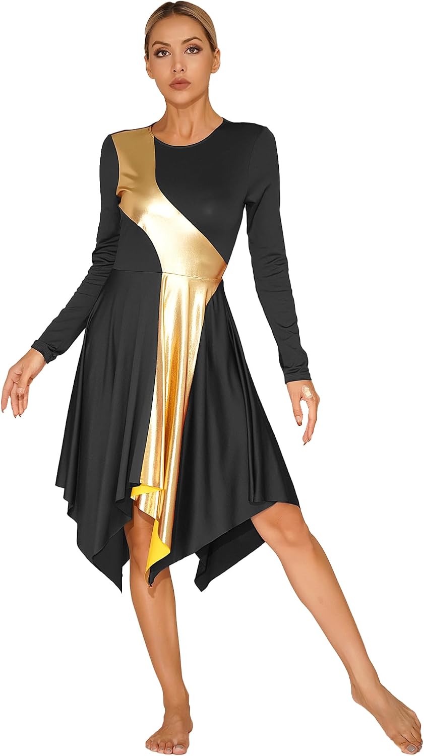 Freebily Liturgical Dancewear for Women Long Sleeve Contemporary Dance Costumes Asymmetrical Praise Dance Dresses