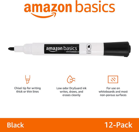 Amazon Basics Lowe-Odor Dry Erase Whiteboard Markers, Chisel Tip, Quick-Dry, Black, 12-Pack