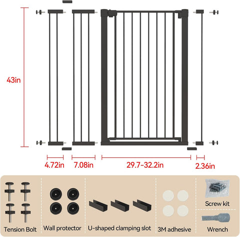 43 inch Tall Safety Dog Gate Adjustable 29.7-45.2inch Extra-Wide Metal Pet Gate Drill-Free Pressure-Mount Installation kit Self-Closing Cat Gate for Stairwells、Doorways（Black）