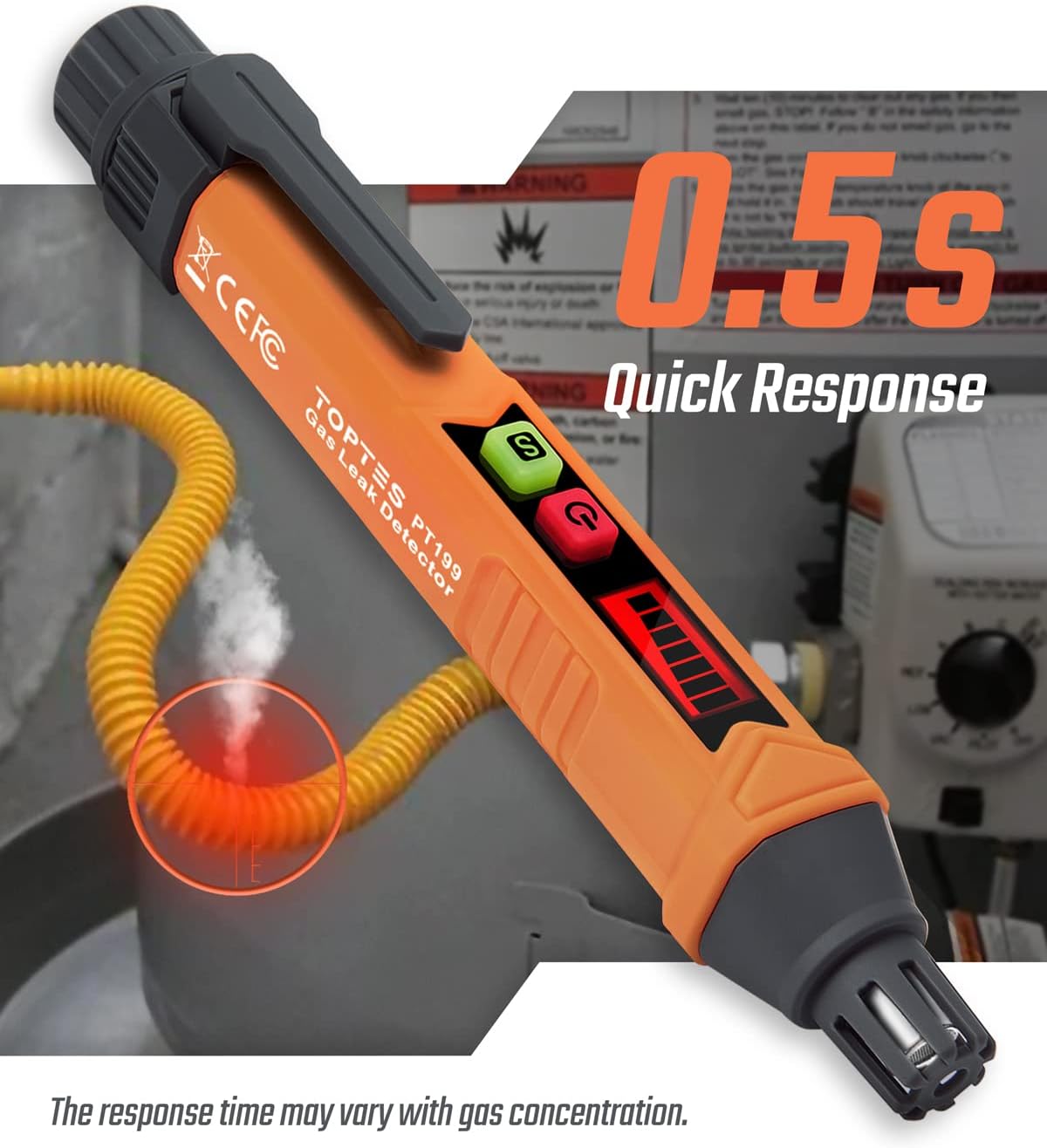 PT199 Natural Gas Leak Detector with Audible & Visual Alarm, Portable Gas Sniffer to Locate Combustible Sources Like Methane, Propane for Home(Includes Battery x2)-Orange