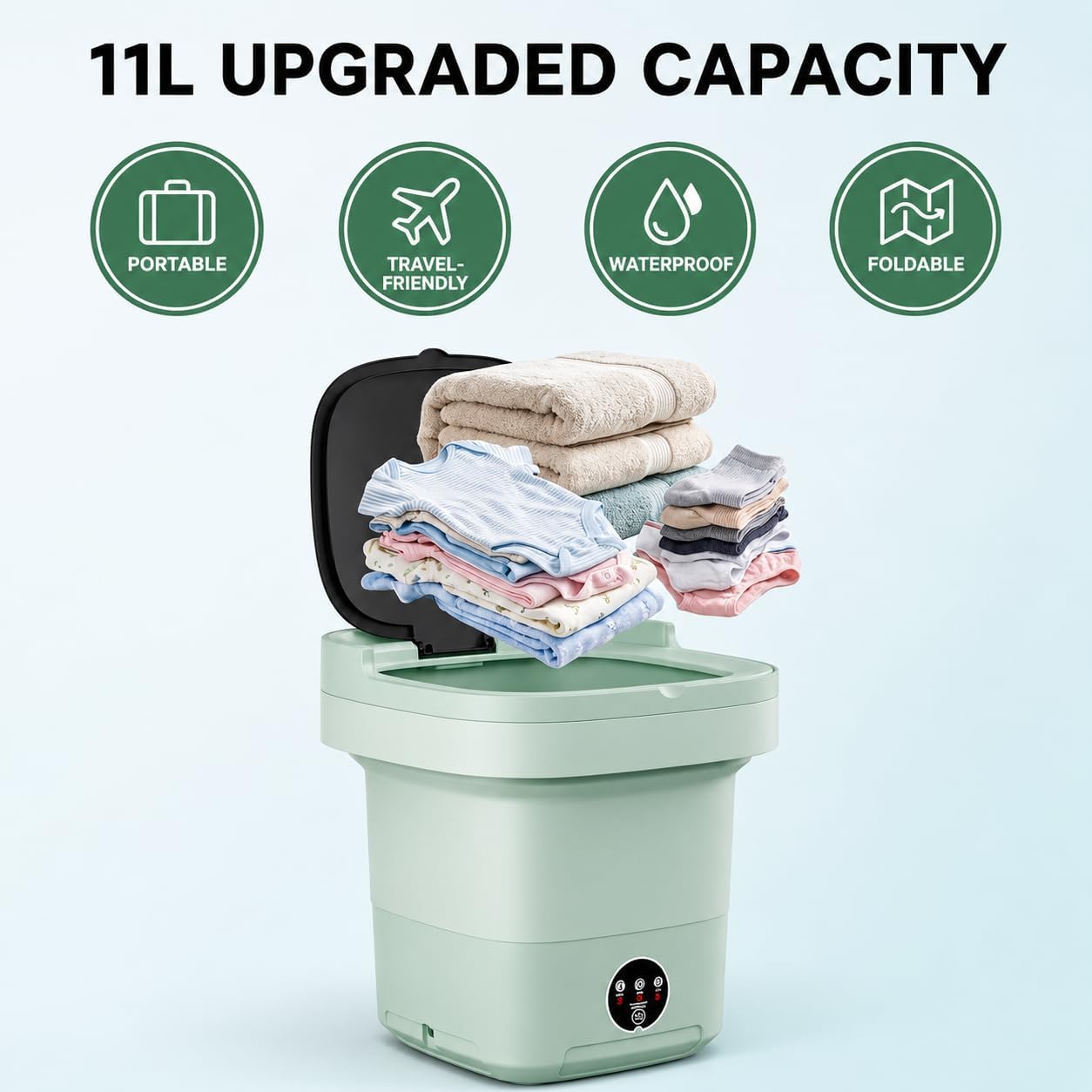 Portable Washing Machine, 11L Mini Folding Washer, Green