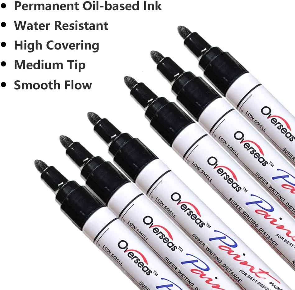 Overseas Black Paint Marker Pens, 6 Pack Oil Based Permanent Markers