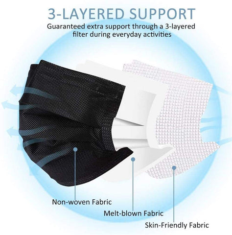 LEMENT 500pcs Disposable Black Mask,3-Ply Face Masks with Earloops