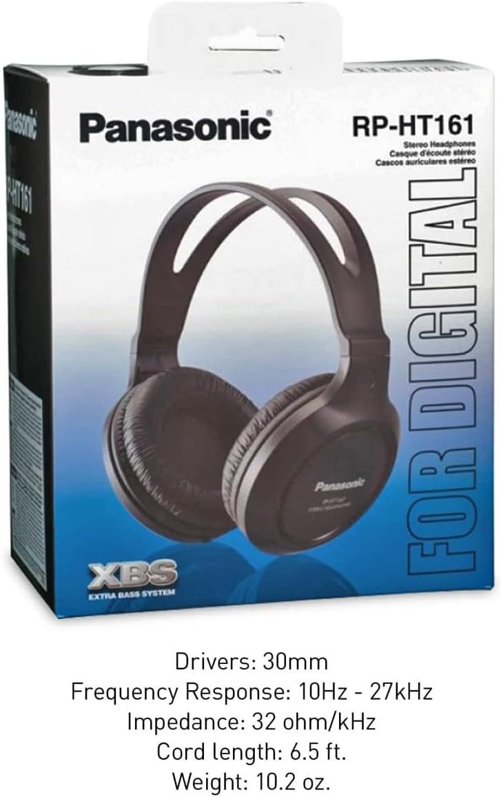 Panasonic Headphones, Lightweight Over The Ear Wired Headphones with Clear, Sound and XBS for Extra Bass, Long Cord, 3.5mm Jack for Phones and Laptops – RP-HT161-K (Black)