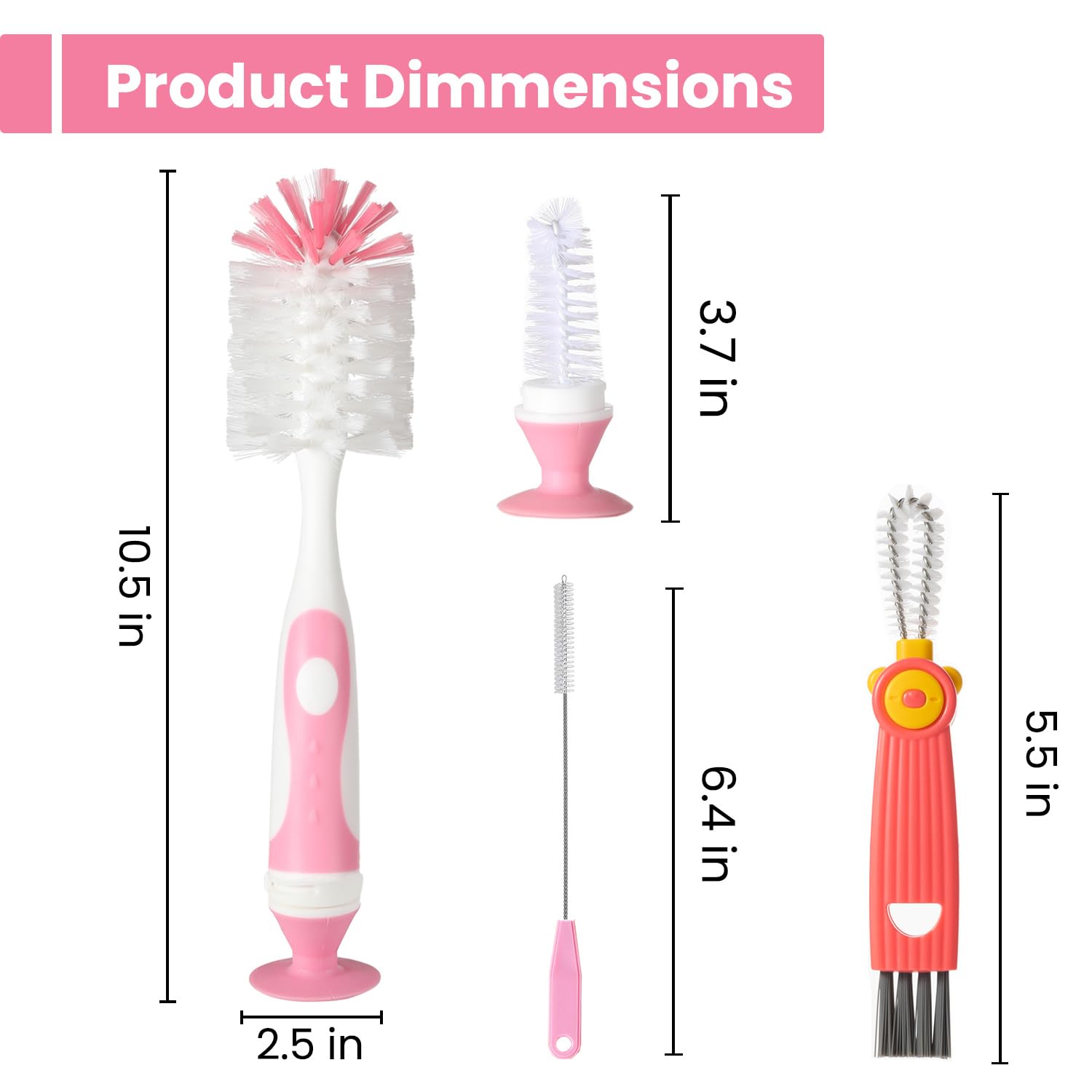 Ariseno 3-Pack 4-in-1 Baby Bottle Brush Set, Pink