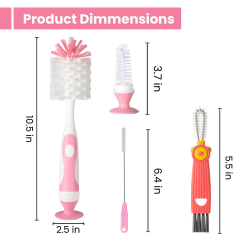 Ariseno 3-Pack 4-in-1 Baby Bottle Brush Set, Pink