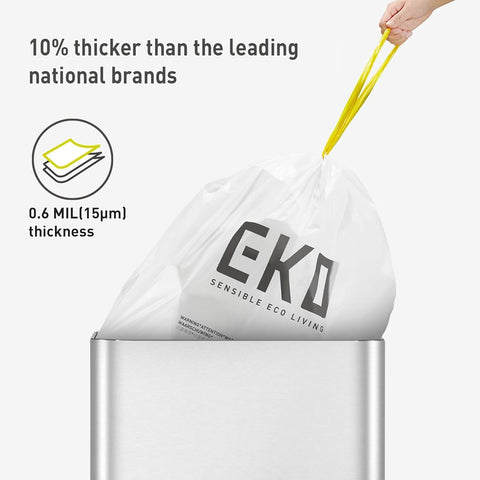 EKO 4 Gallon / 10-15 Liter, 80 Count Small Drawstring Trash Bags, Extra-Strong Unscented Garbage Bags, Easy-Dispense Roll for Kitchen & Household Use, Resists Tears, Leaks and Punctures, Code C, White