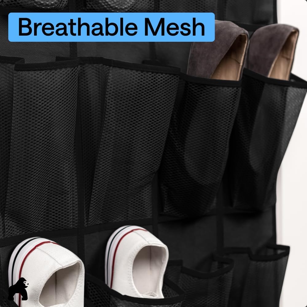 GORILLA GRIP Over the Door Shoe Organizer, 24 Large Pockets, Black