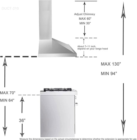 Wall Mount Range Hood Cover Extension Retractable Adjustable Kitchen Fan Chimney Vent Extender Duct Stainless Steel Upper and Lower 8 1/4"(W) x6. 7"(D) x 31 1/2~63"(H)