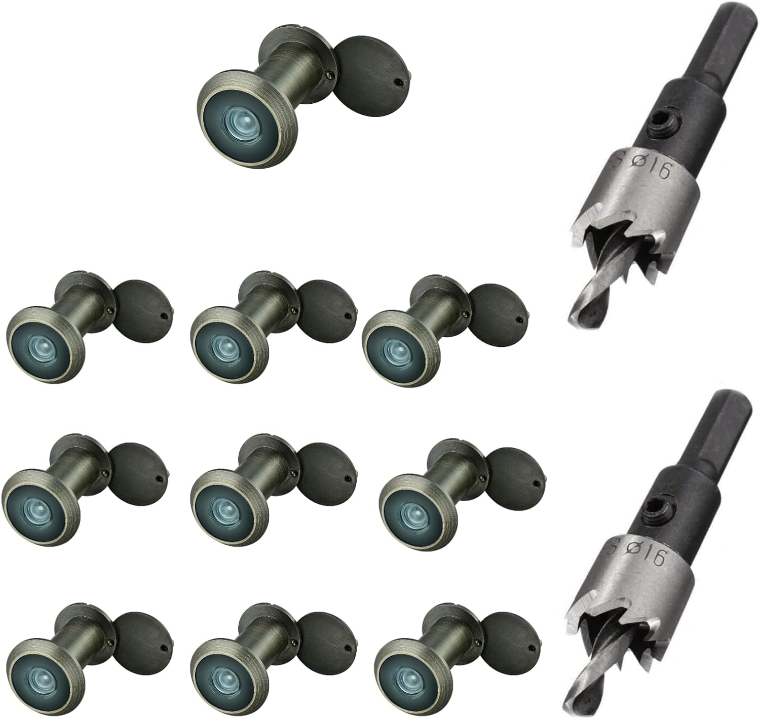 TOGU 10PCS of 220-degree Solid Brass Peep Holes for Door with 16mm Drill Bit, 0.63 inch Door Peephole with Privacy, Compatible with Door Thick from 1-3/8" to 2-1/6", Antique Bronze Finish