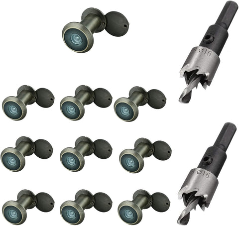 TOGU 10PCS of 220-degree Solid Brass Peep Holes for Door with 16mm Drill Bit, 0.63 inch Door Peephole with Privacy, Compatible with Door Thick from 1-3/8" to 2-1/6", Antique Bronze Finish