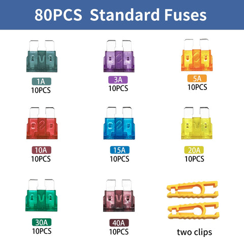 ZIPCCI 80 Pcs Standard Car Fuse, Fuses Assortment kit(1A/3A/5A/10A/15A/20A/30A/40A) Automotive Blade Fuse for RV, Truck, Marine, Auto Accessories